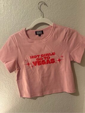 ICON Pink Crop Tee with Red "HOT GIRLS GO TO VEGAS" Graphic